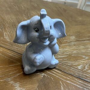 Vintage Blue Lilac Elephant Coin Bank W/ Stopper Piggy Ceramic